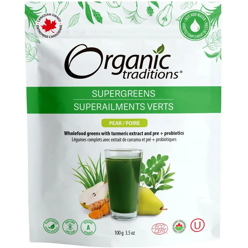 Organic Traditions Pear-Flavored Supergreens Powder – 100G Nutrient-Dense Blend 1