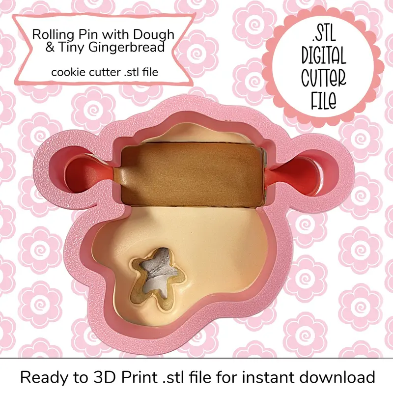 Rolling Pin & Tiny Gingerbread Combo Cutter Stl – Digital Download 1