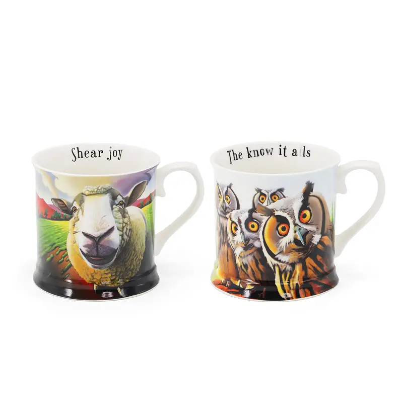 Tipperary Crystal Eoin O'Connor 'Beyond The Herd' Tankard Pair – Sheep And Owl Design 1