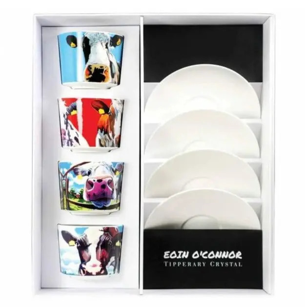 Tipperary Crystal Eoin O'Connor Cows Collection: 4-Piece Cappuccino Cup And Saucer Set 1