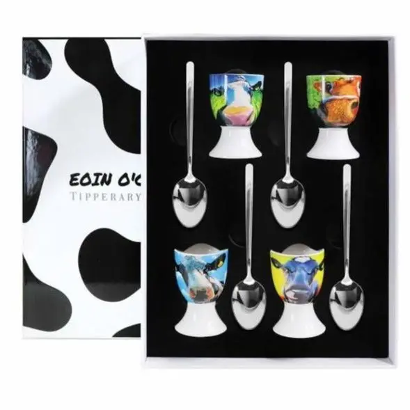 Tipperary Crystal Eoin O’Connor Cows Egg Set: 4 Egg Cups + Matching Spoons 1