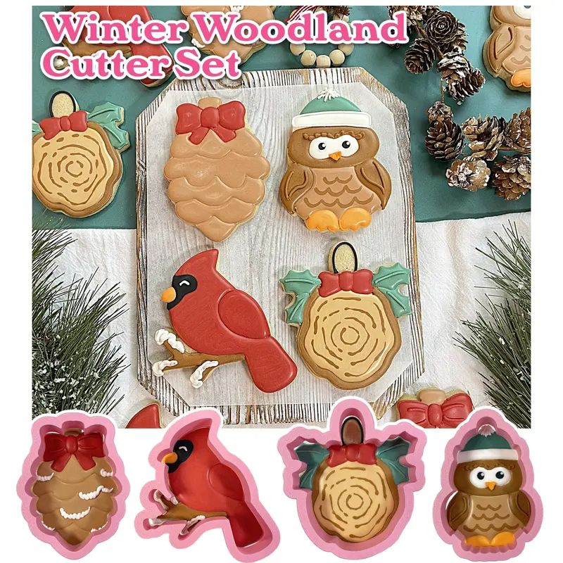 Winter Woodland Cookie Cutter Collection – 4 Nature-Inspired Shapes (Owl, Cardinal, Pinecone, Wood Slice) 1