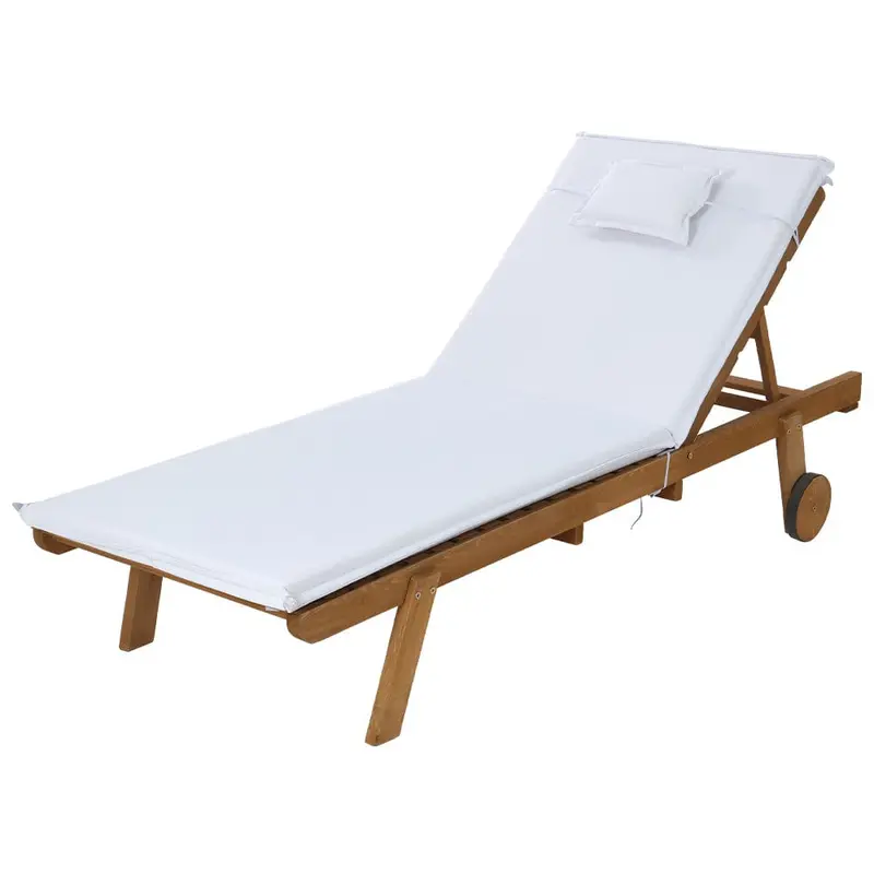 Wooden Outdoor Sun Lounger – White Adjustable Lounge Chair With Wheels & Cushion 1